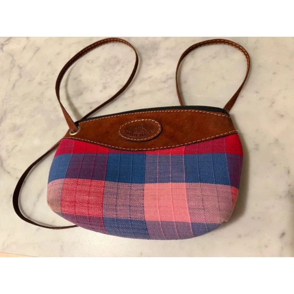 Vintage Guatemalan Handwoven Plaid Crossbody Bag – Boho Leather Accent Purse
